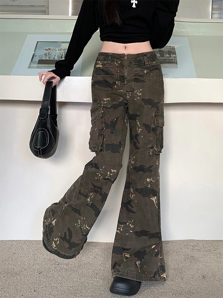 Mulheres camuflagem flare jeans gyaru japonês harajuku y2k baixo aumento denim calças de carga sino-bottom kpop shoujo punk maré