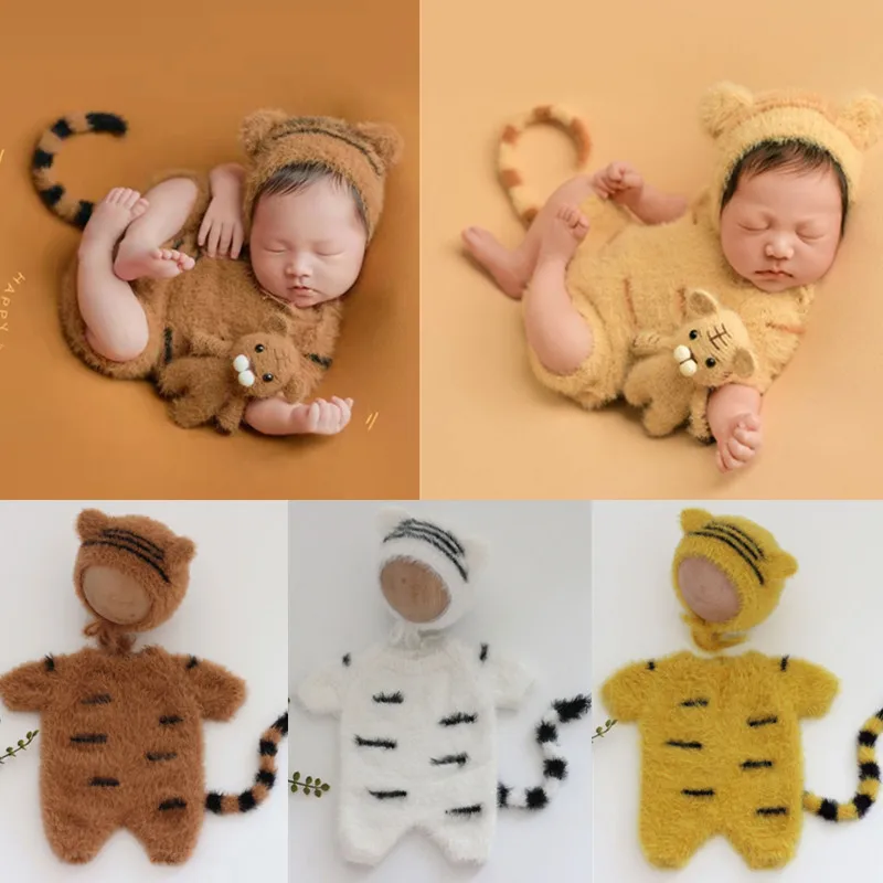 

1Set Newborn Photography Props Clothes Tiger Baby Jumpsuit + Hat Kit Knitted Wool Photo Shooting Costume Baby Studio Accessories