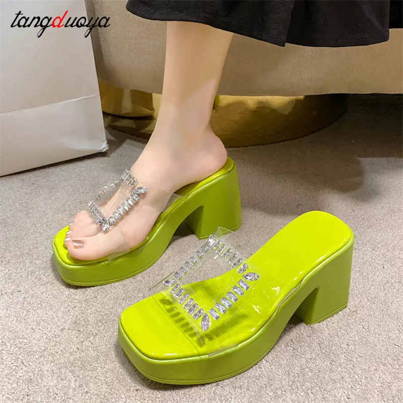 Platform Wedges slippers Women 2024 new rhinestone slippers Sexy square toe High heeled sandals Femme Crystal party Pumps 36-42