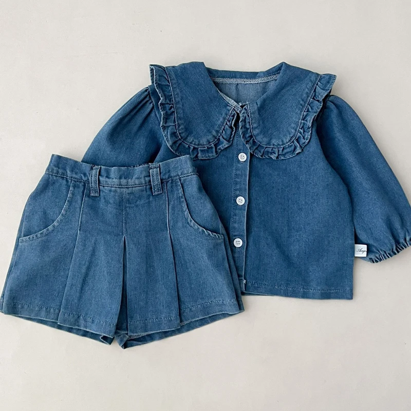 Modische Kinder Set Denim Top Jeans kurze koreanische Version Mädchen Casual Sports zweiteiliges Set 0-6 Jahre altes Kinder tuch