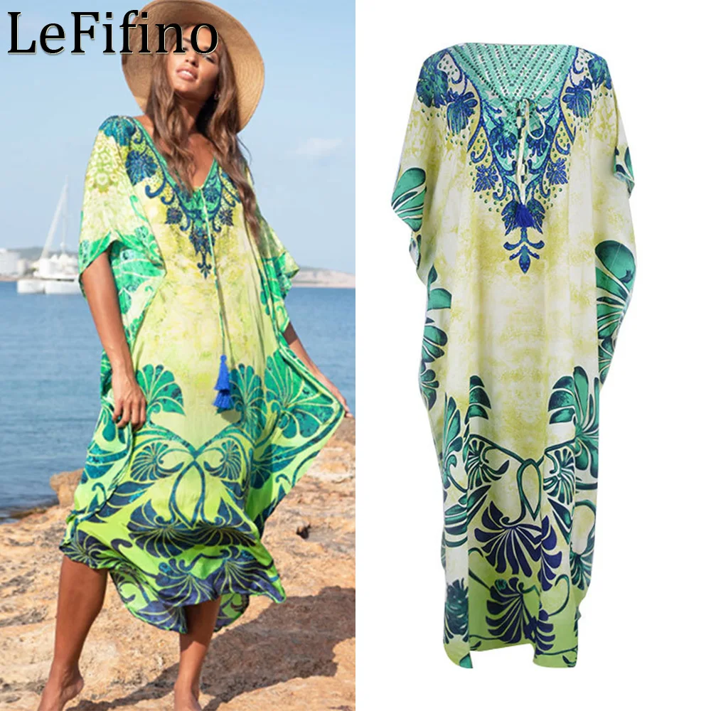 

Summer Artificial Cotton Positioning Printing Drawstring V-neck Robe Vacation Long Skirt Sunscreen Dress Bikini Cover Up Women's