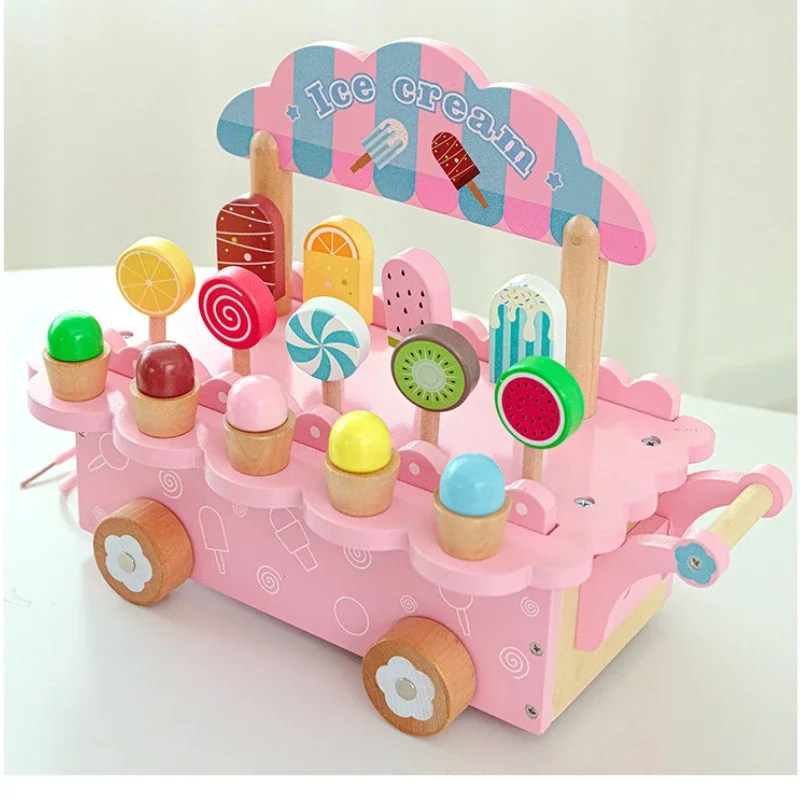 Girls Toy Diy Puzzle Wood Ice Cream Cart Dollhouse Accessories Constructor Building Blocks Montessori Education Board Games Gift