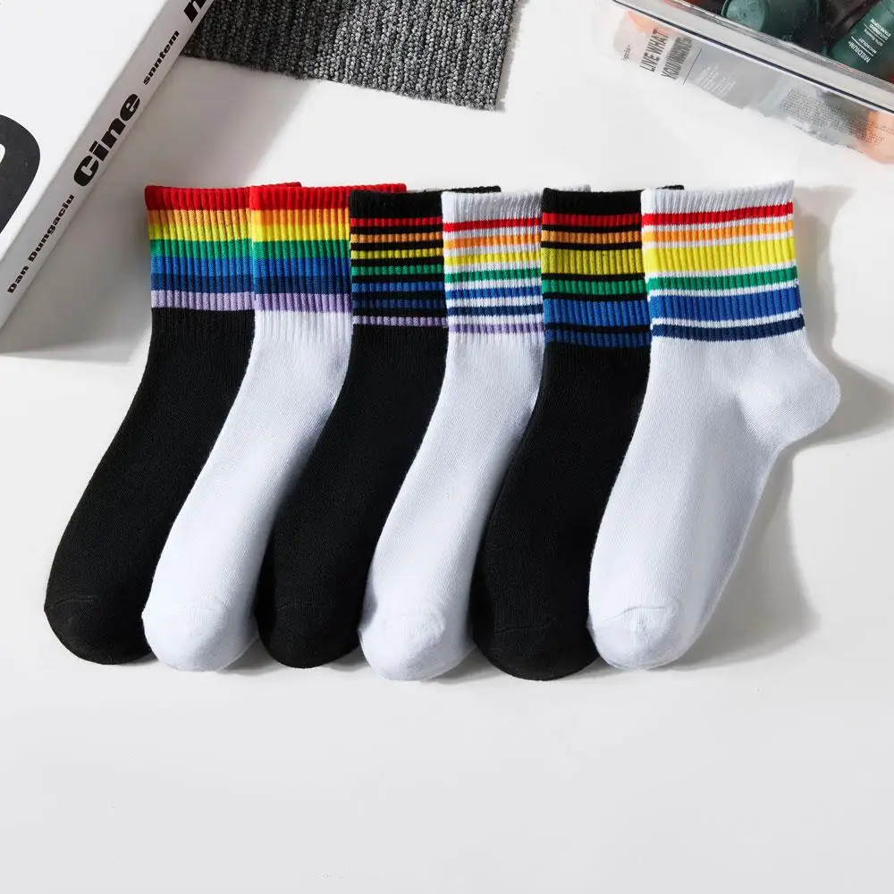 5 Pair Women Rainbow Socks Cotton Cute Striped White Socks Japanese Harajuku Funny Socks Kawaii