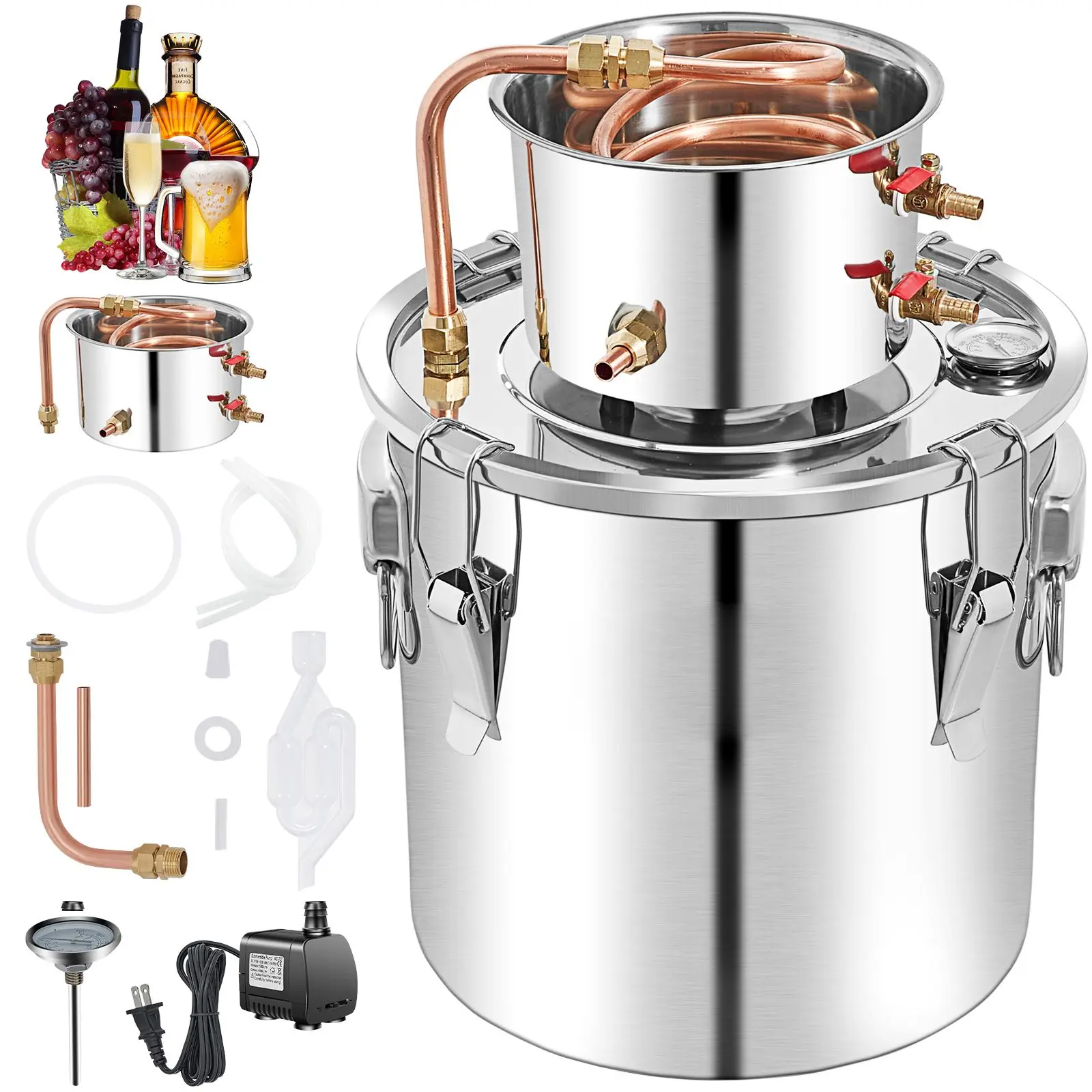 Alcohol Still 13.2Gal/50L, Alcohol Distiller with Circulating Pump, Alcohol Still Copper Tube, Whiskey Distilling Kit with Build-In Thermometer, Whiskey Making Kit for DIY Alcohol, Stainless Ste