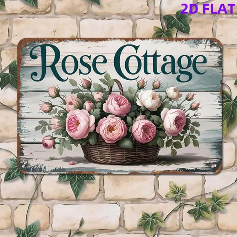 2D Flat, 1pc Vintage Rose Cottage Metal Sign - Rustic tin Wall Decor with Pink Roses in Basket, Easy to Hang, Perfect for Home