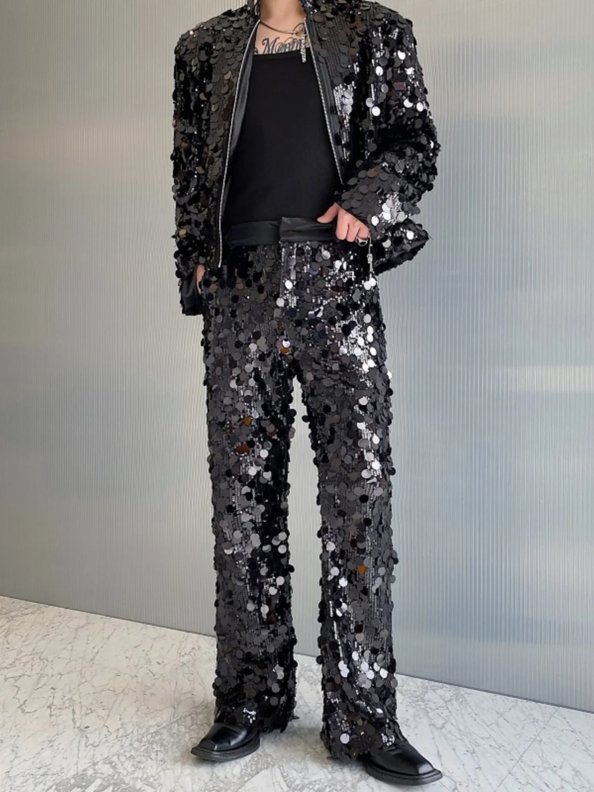 Silver Sequin Straight Leg Bell Bottom Pants Casual Long Trousers Men's Fashionable Performance Outfit Street Style