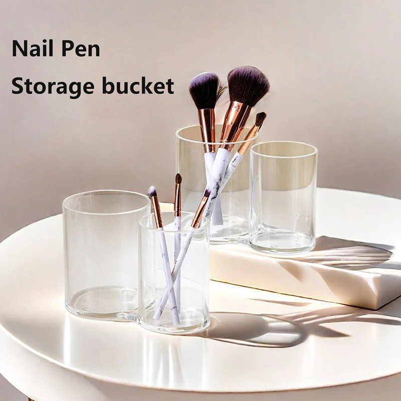 Transparent Double Hole Cup Nail Pen Makeup Brush Desktop Storage Display Tool Buffer Grinding Files Organizer Container Case