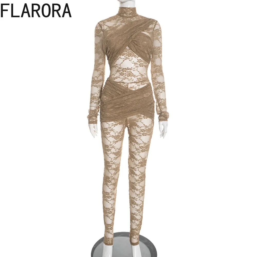 FLARORA Sexy Lace Jacquard Patchwork Jumpsuits Woman See Through Cross Bandage Midnight Stretch Bodycon Club Activity Overalls
