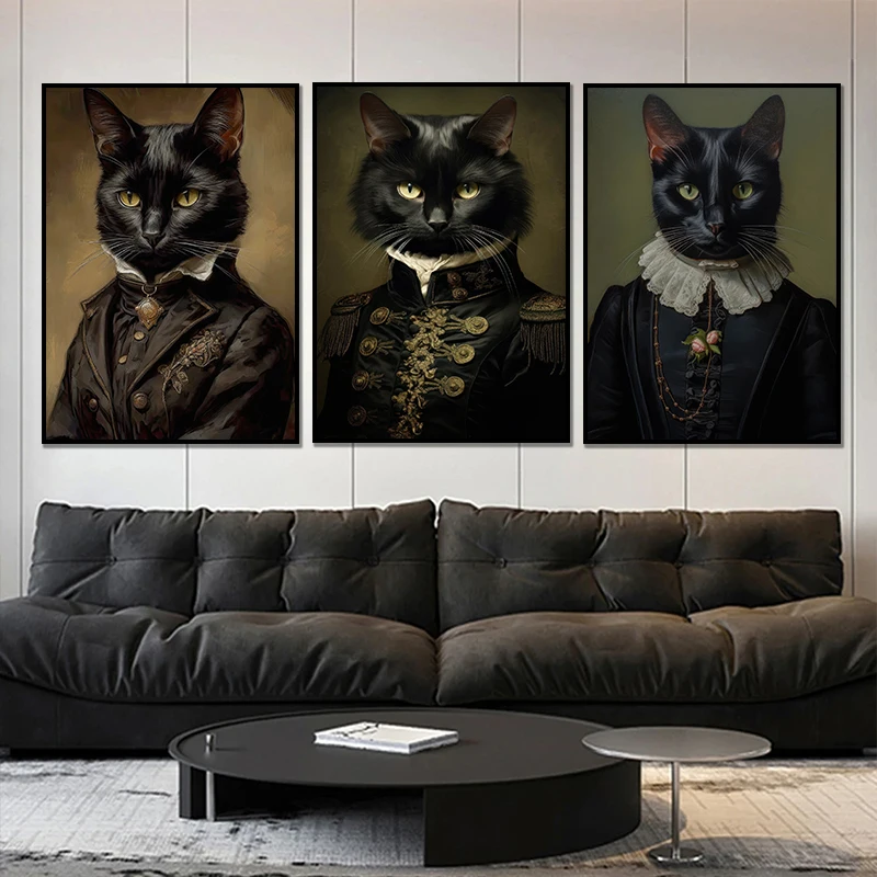 Vintage Renaissance Cat Portrait Black Cat Victorian Gothic Poster Canvas Painting Wall Art for Living Room Home Decor Frameless