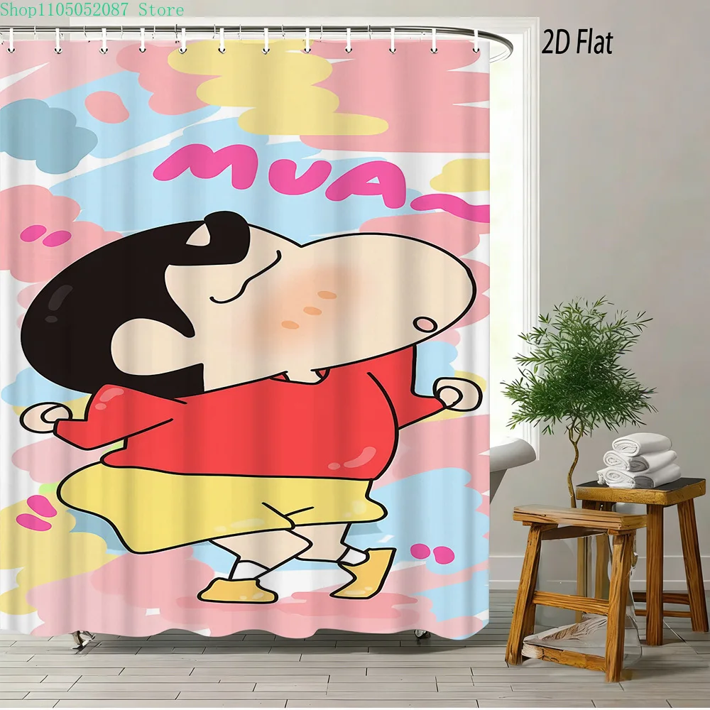 Cortina de Ducha Impermeable con Estampado 2D de la Escena del Beso de Crayon Shin-chan "MUA~", Decoración de Baño con Nubes de Acuarela Pastel Divertidas