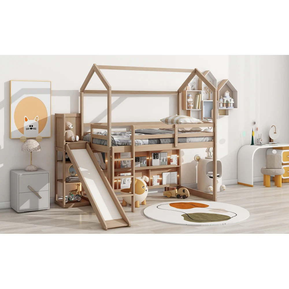 Twin Size Wood House Loft bed with Slide, Storage shelves and Light, Climbing Ramp, Wood Color