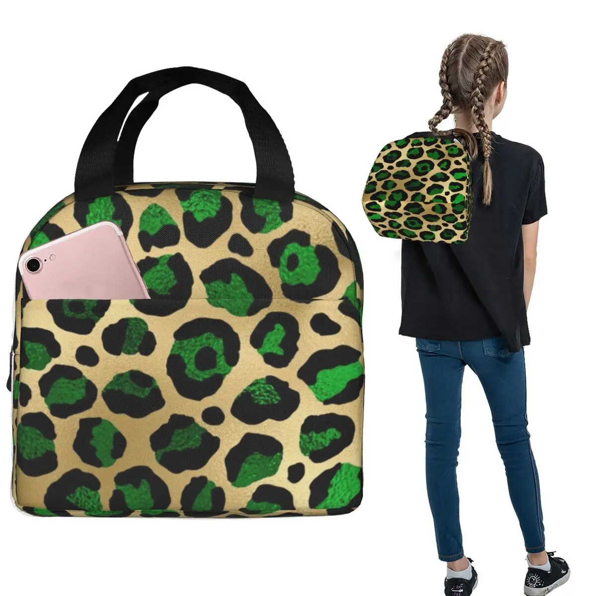 Emerald Green Leopard Print Insulated Lunch Bag for Women Children Portable Food Boxes Thermal Lunch Box Tote
