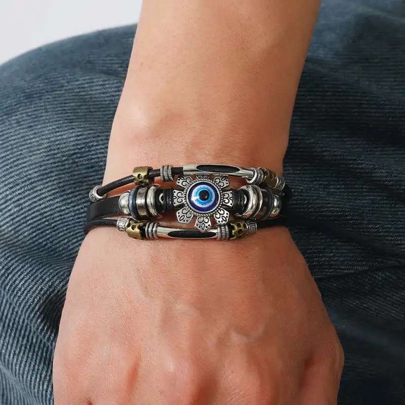 Boho Mehrschichtige Lederarmbänder, Charm-Perlen-Armband für Damen und Herren, Vintage Punk Wrap-Set – Detail 3