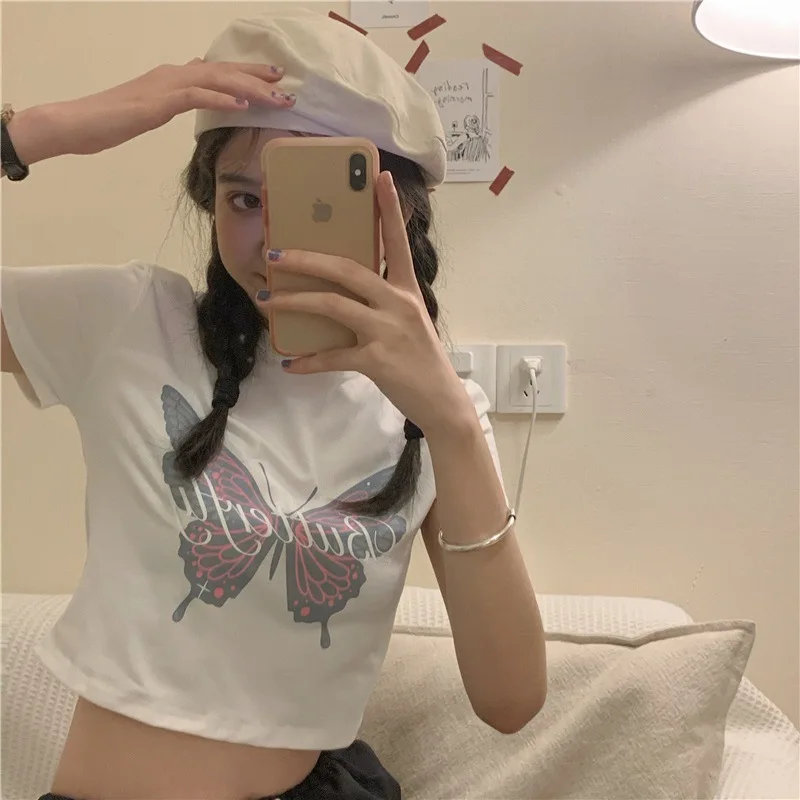 Summer Korean Version Butterfly Print White Short T-shirt Women's Slim Short-sleeved Top