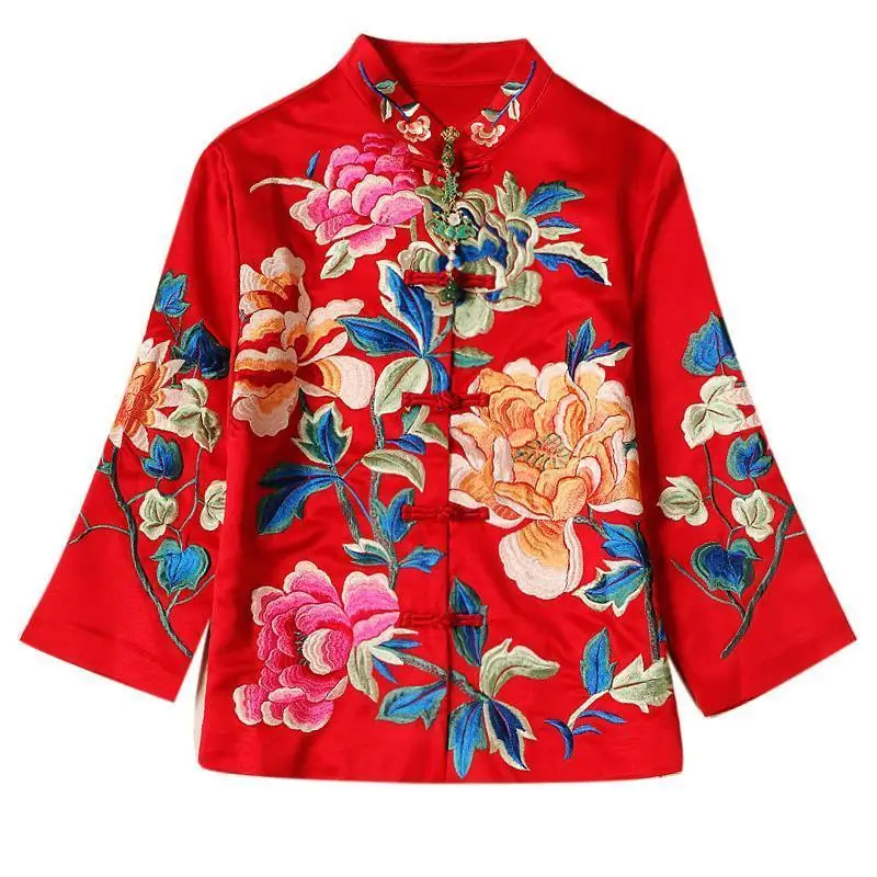 Chaqueta de traje Tang Vintage bordada con flores de peonía para mujer, manga larga, cuello alto suelto de un solo pecho, prendas de vestir