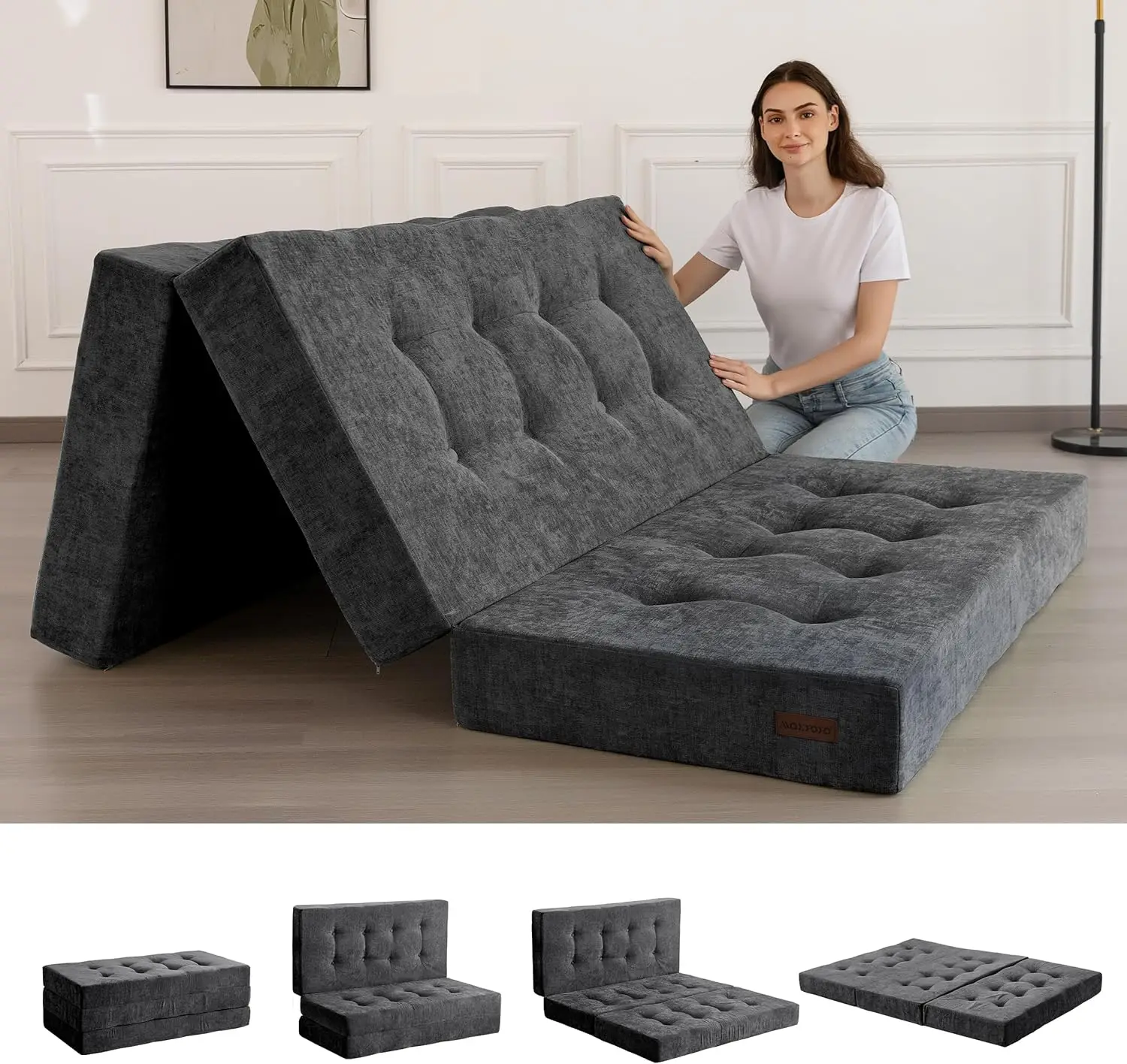 6-Inch Tufted Folding Mattress with Chenille Fabric, Portable, Dark Grey, Ideal for Camping and Guest Use
