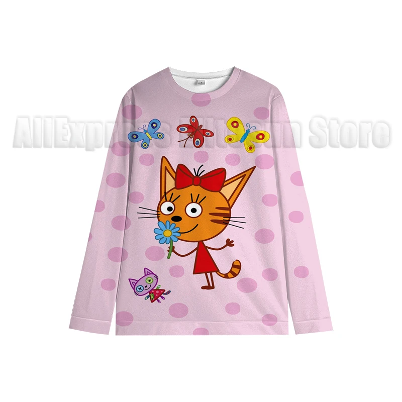 Cartoon Three Kittens Long Sleeved Tops E-cat Loose Baby Children Sweater Spring/autumn Kids Clothing Crew Neck Sweatshirt