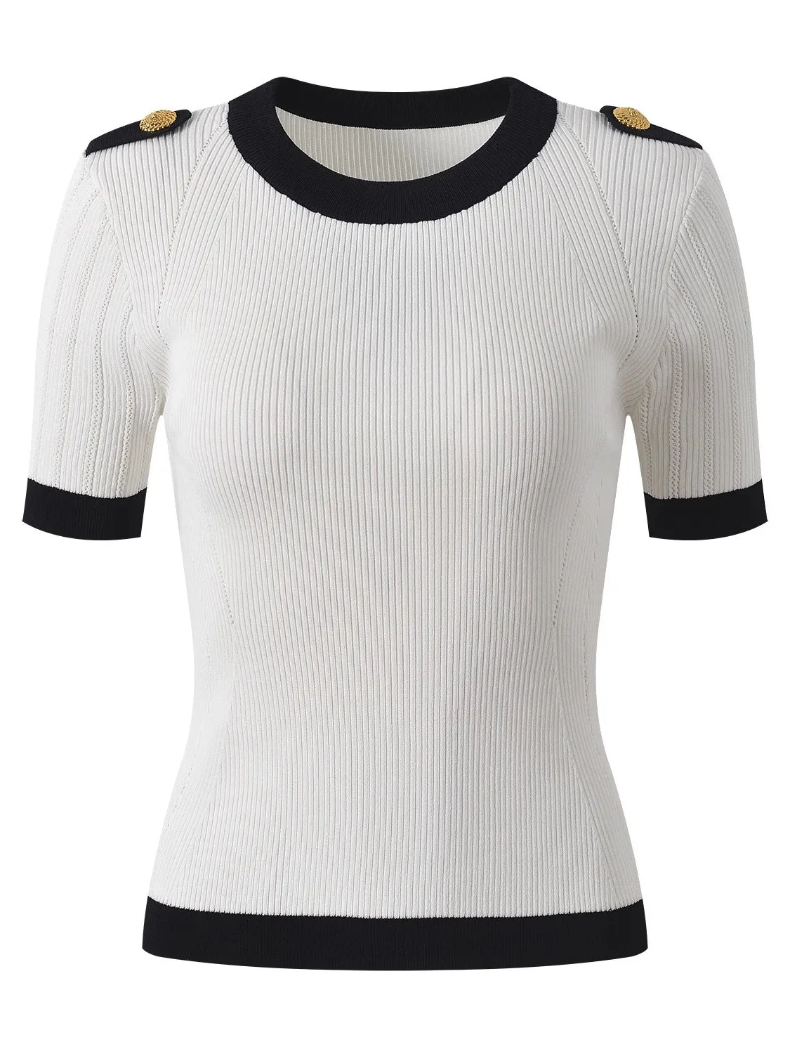

Summer 2025 New Sle Color Blo round Ne Knitted Slim Fit ort T-irt Gold Button Faionable Versatile Women's Top
