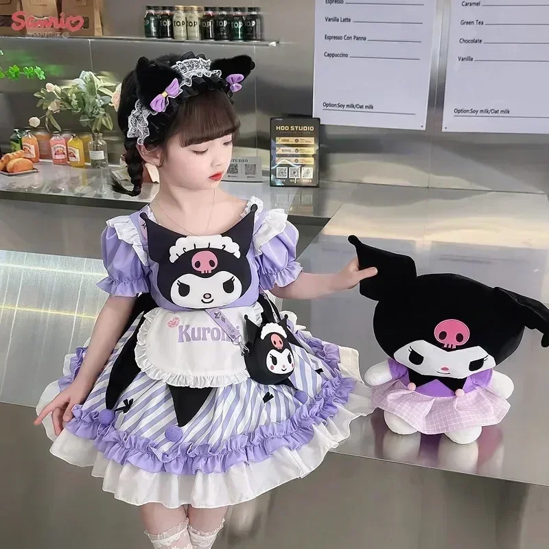 Sanrio Kuromi Kawaii My Melody Kids Cartoon Girls Short Sleeve Princess Dress Costume Cute Daily Anime Set Outdoor Party Gifts