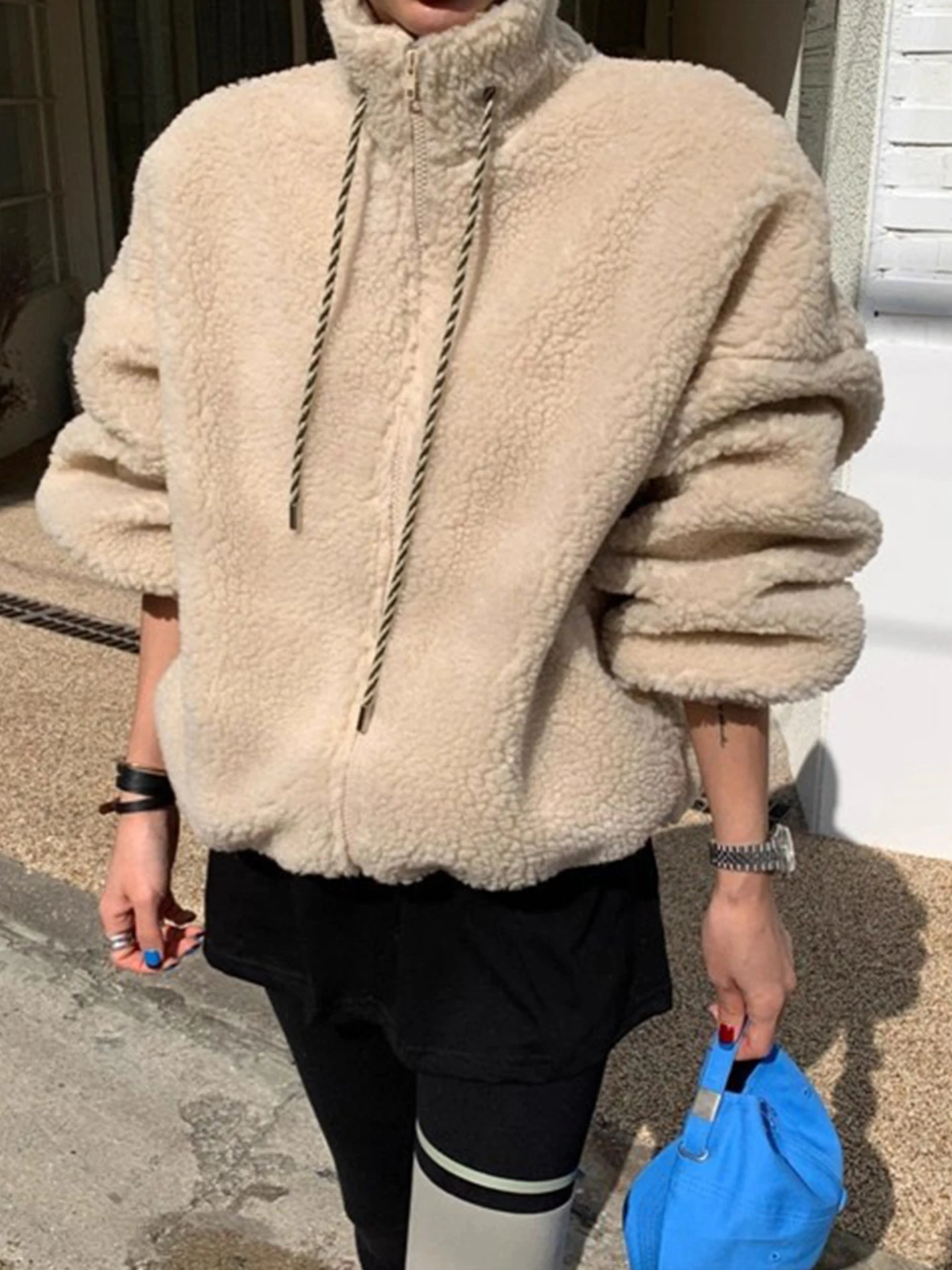 Dames agneau fourrure coton Jaet fermeture éclair ample Sle col montant hiver nouveauté Faion trajet Sle Polyester Fiber