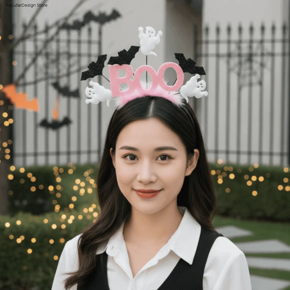 

Shiny Glitter Halloween Boo Headband White Ghost Bat Wings Festival Headpiece High Elastic Secure Grip Party Hair Accessories