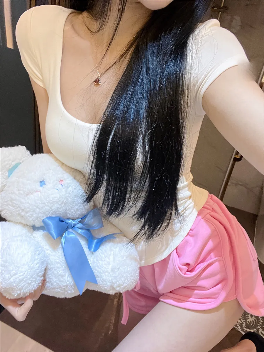 

Sexy ort Sve round Ne U-ape T-irt for Young Girls Casual Sle Slim Fit Pure Color Spring Summer Top een Sister