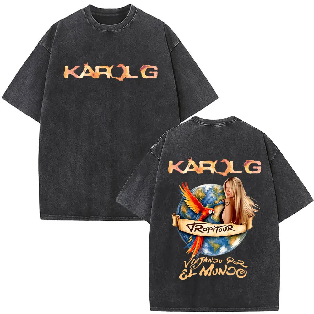 

Washed Vintage Karol G Viajando Por El Mundo Tropitour 2026 T-shirt Men's Women Fashion Casual T Shirts Summer Cotton T-shirts