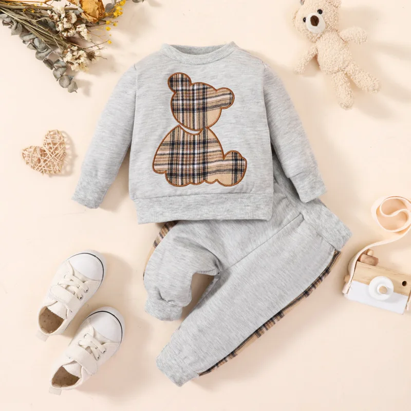 Baby Boy Summer Plaid Bear Patch Embroidered Long-sleeved Top Trouser Set