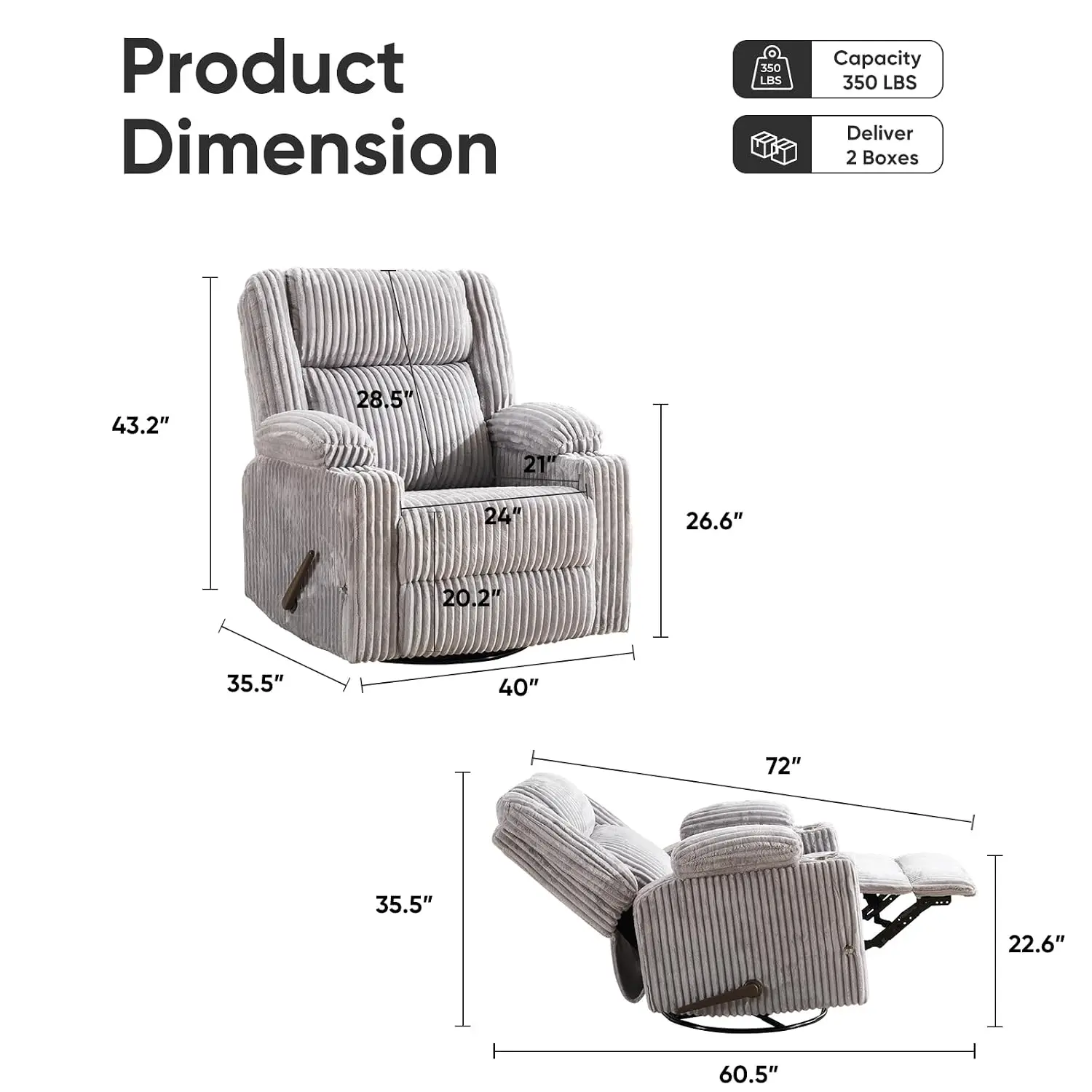 Manual Recliner with Arm Storage, Swivel Rocker & Adjustable Headrest, Glider with Phone Stand & Side Pockets, Grey, Customized