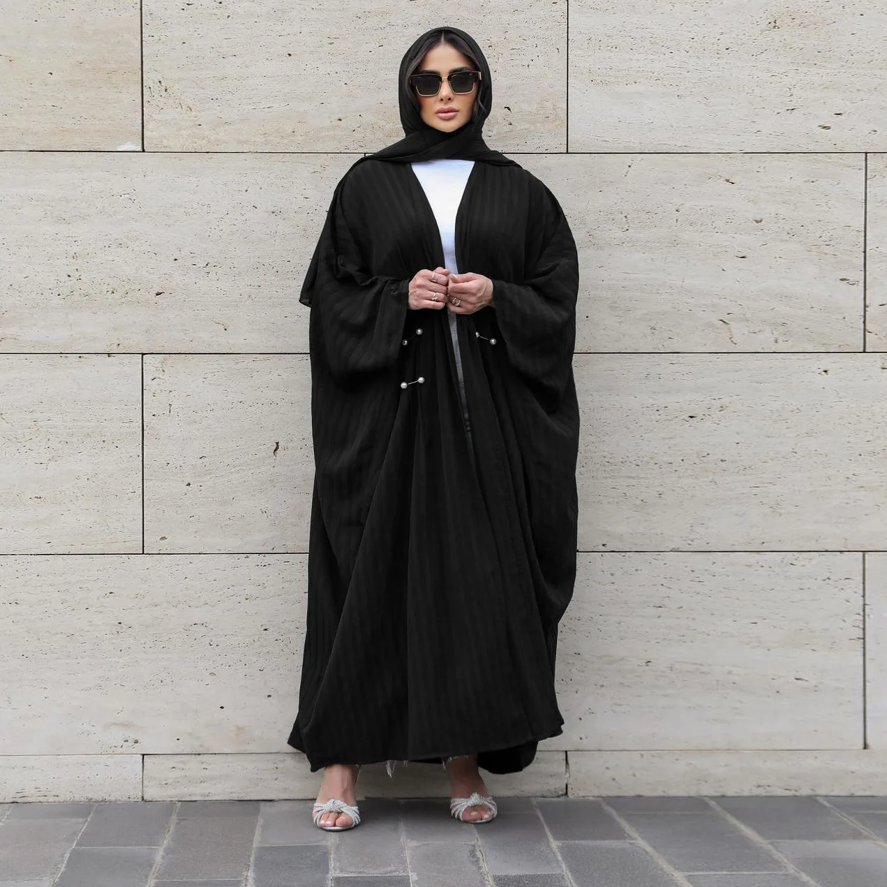 Stripes Black Batwing Abaya Cardigan Muslim Coat 2024 Open Abayas for Women Dubai Kimono Islam Outfit Turkish Tunic Arabes Mujer