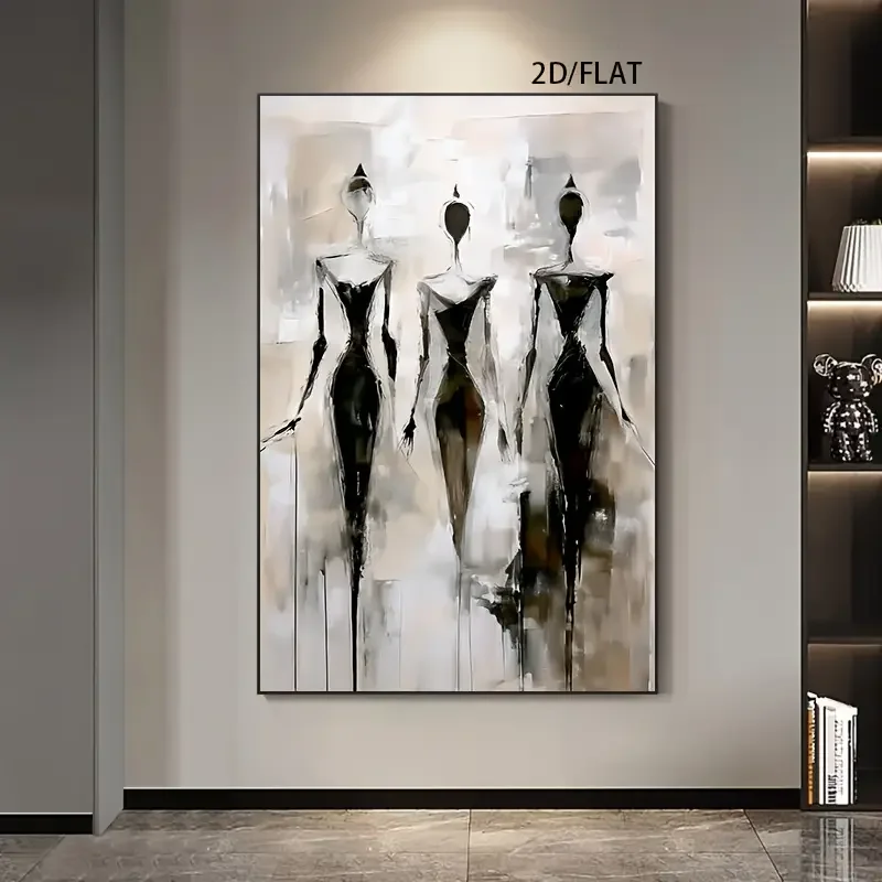 2D Flat, 1pc Large Abstract Canvas Painting - Modern Minimalist Black, Beige, White, and Gray Women Silhouettes - Frameless Wall