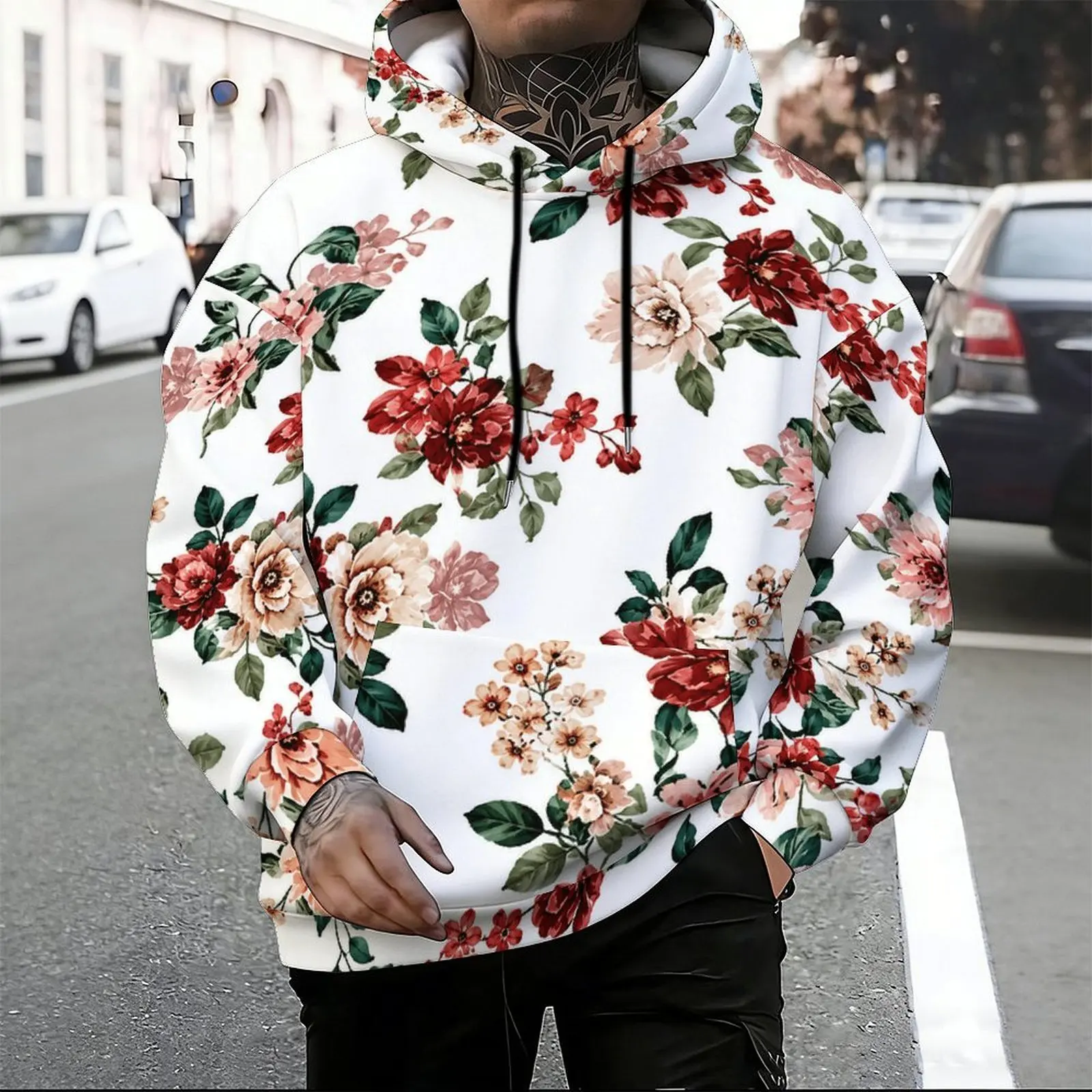 Men White Base Red Pink Flower Green Leaf Floral Printed Long Sleeve Drawstring Pullover Hoodie with Kangaroo Pocket