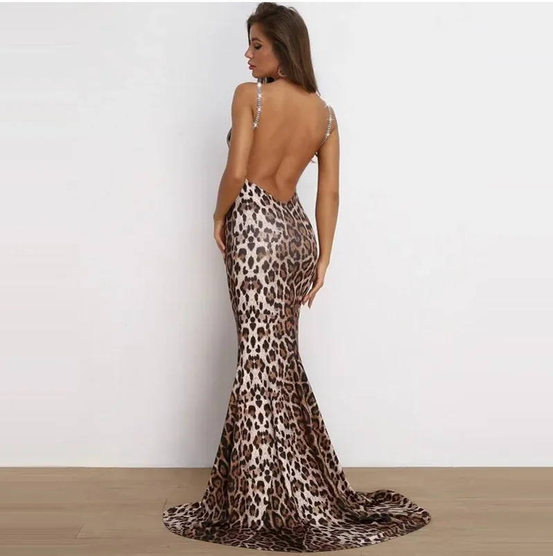 Feminino sexy estilingue bodycon sem mangas sem costas cinta de espaguete com decote em v leopardo vestido elegante europa e os estados unidos estilo