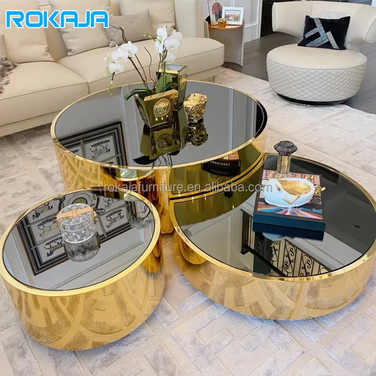 

Hot Sales Round Combo Center Table Luxury 3 Pieces Black Glass Top Stainless Steel Decorative Coffee Table Modern Tea Table Set