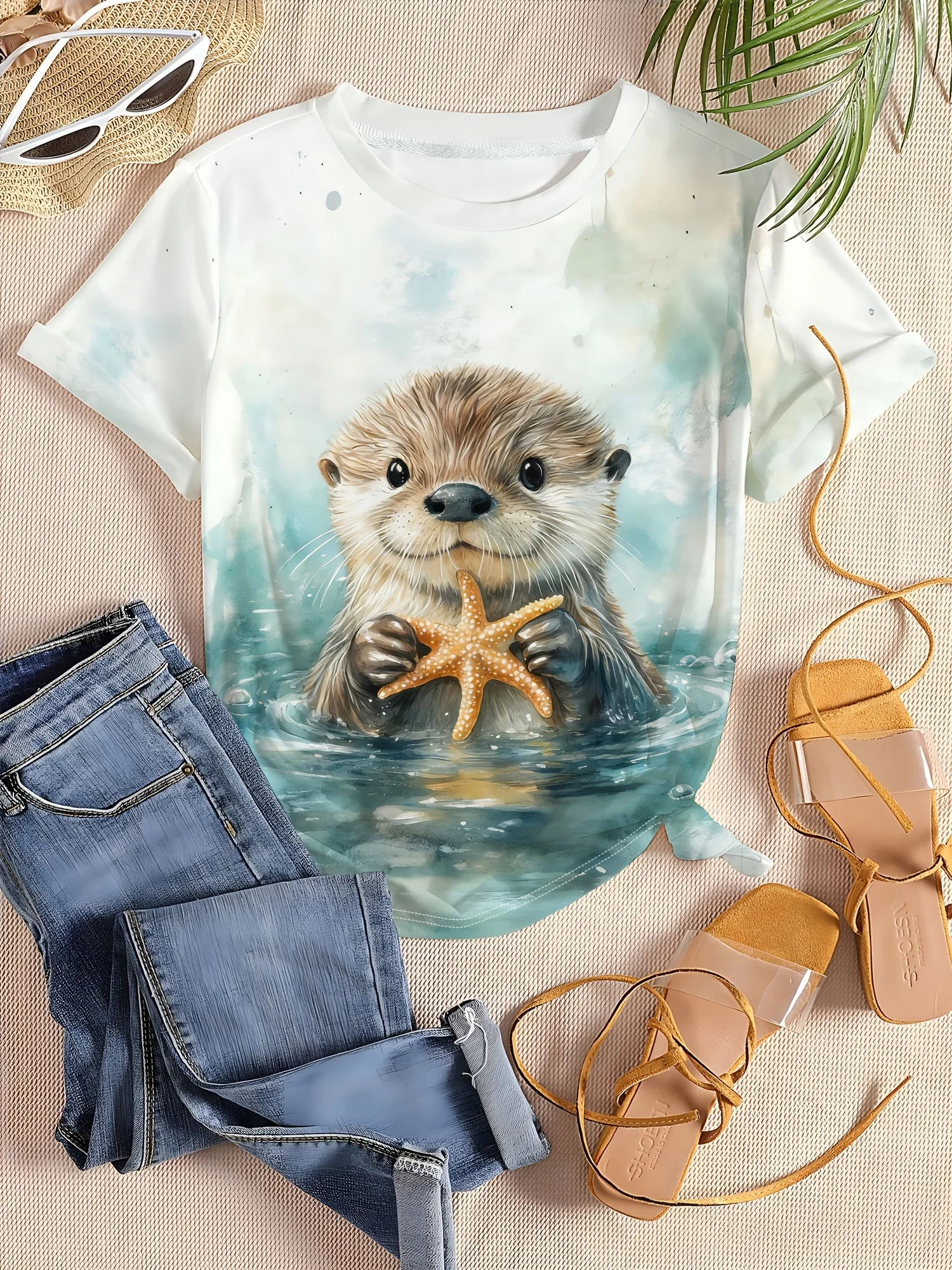 Women Crew Neck Short Sleeve T‑Shirt, Cute Otter Holding Starfish Watercolor Ocean Animal Art Graphic Tee