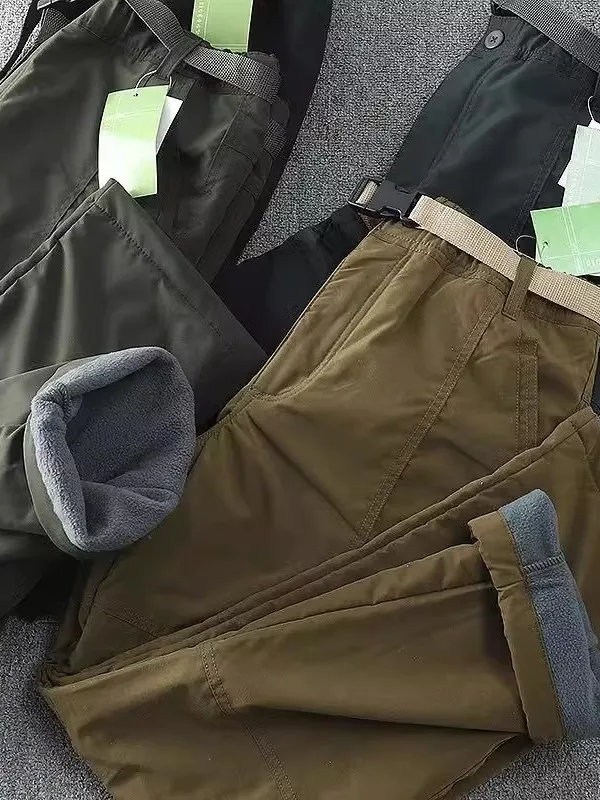 Men's Outdoor Soft  Pants Fleece Lined Thickened Windproof Waterproof Casual Workwear Trousers High Waist Straight Leg