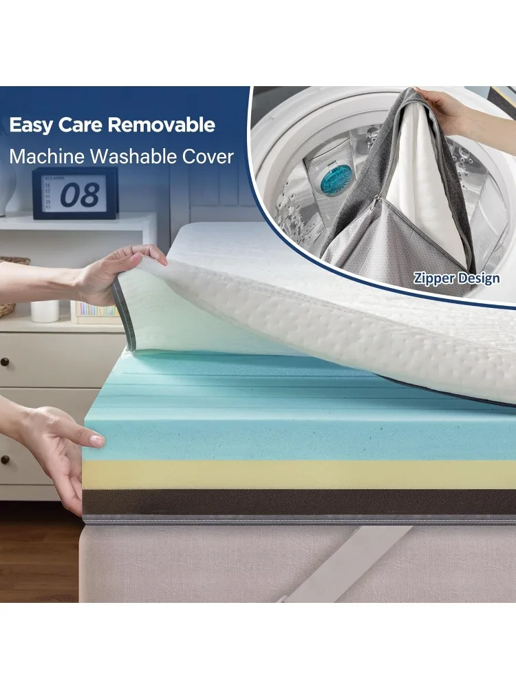 Topper de colchão de espuma viscoelástica, colchão king de 3 polegadas com gel de resfriamento e capa de tencel lavável, rel macio e de pressão