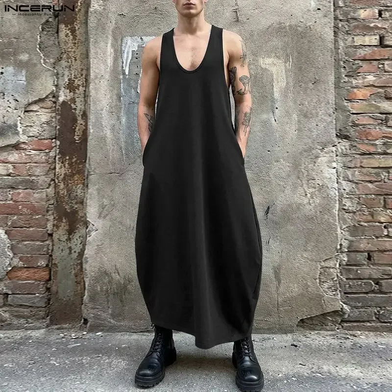 Herren Lange Tanktops Einfarbige Kleider O-Ausschnitt Ärmellose Oberteile Herrenbekleidung Lose Sommermode Herrenwesten Streetwear INCERUN
