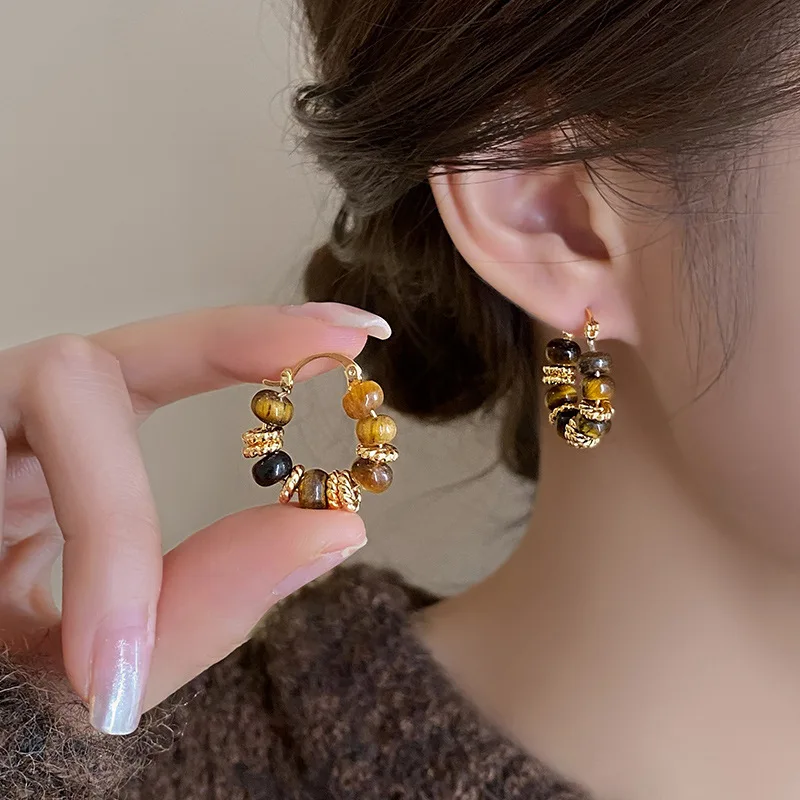 Gold Plating Dripping Coffee Color Tiger\'s-eye Stone Round U-shaped Hoop Earrings Women Vintage Ear Buckles Fashion Jewelry K-