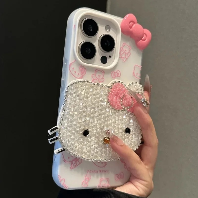 Kawaii Hello Kitty Cartoon DIY Phone Case Suitable for IPhone 15 14 13 16 ProMax Full Diamond All Inclusive Bow Transparent Case