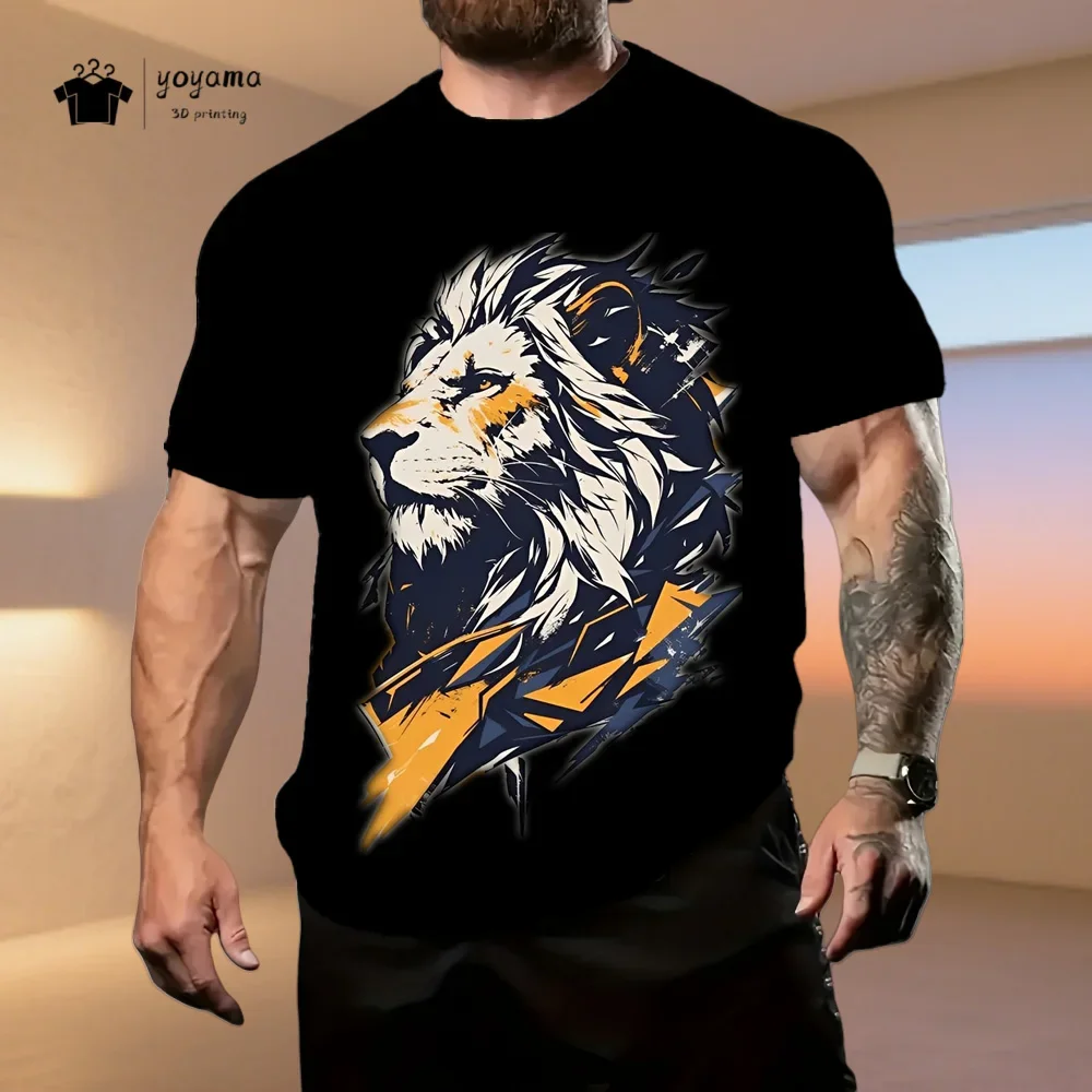 Men Golden Lion Graphic T‑Shirt Retro Gold Lion Head Print Short Sleeve Crew Neck Muscle Fit Gym Workout Streetwear Casual Tops
