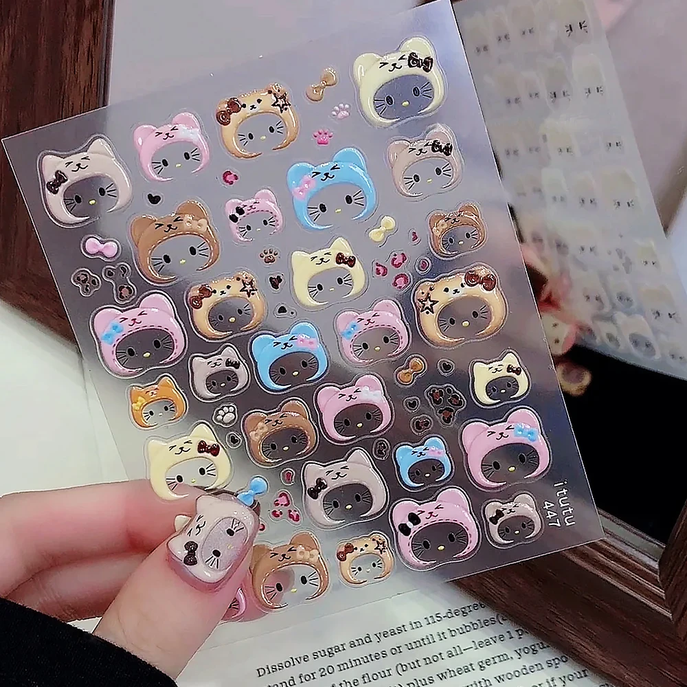 Neue 5D Hello Kitty Katze Ohr Design Hut Nagel Aufkleber Kawaii Grau Rosa Leopardenmuster Schleife Kapuzenhut Drücken Sie auf Nagelspitze Aufkleber ﻿ ﻿ ﻿ ﻿ ﻿ ﻿