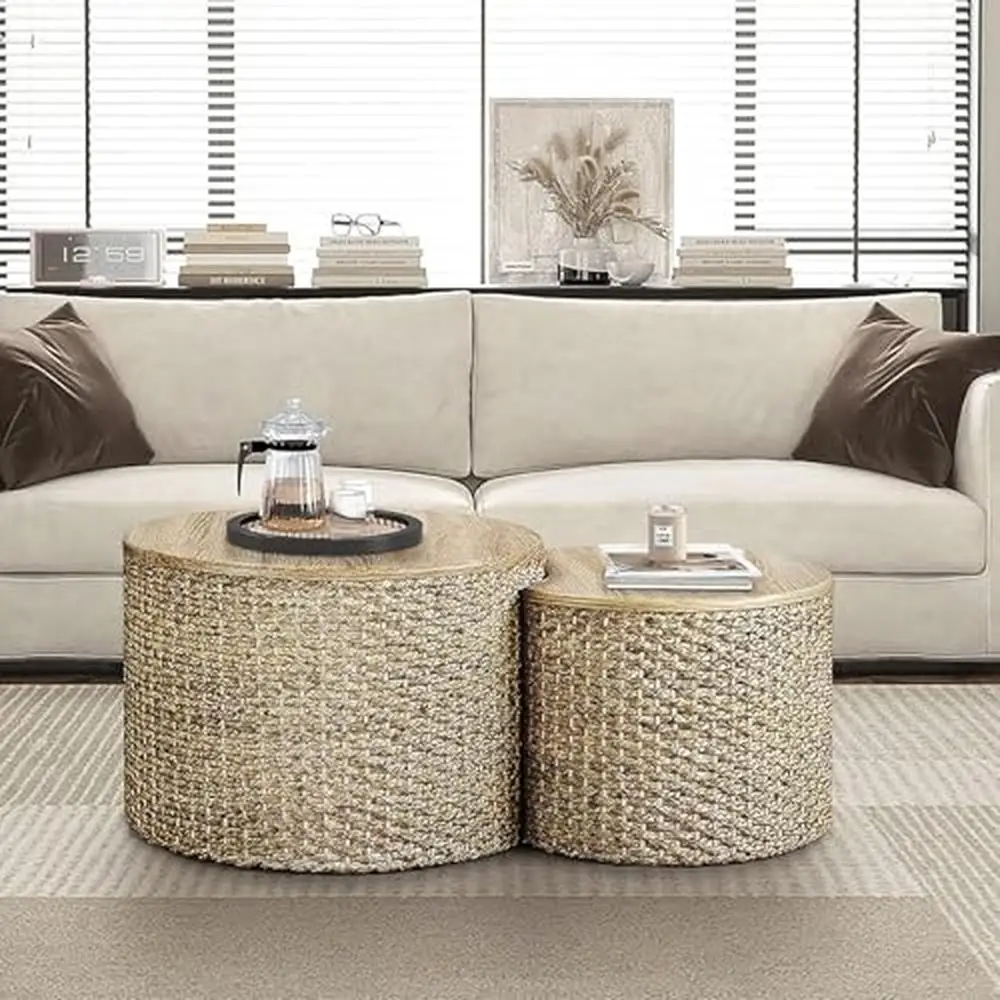 Round Coastal Wicker Coffee Table Set with Storage 2-Piece Soild Wood Cover Nesting Coffee Tables Hand-Woven Rattan End Table