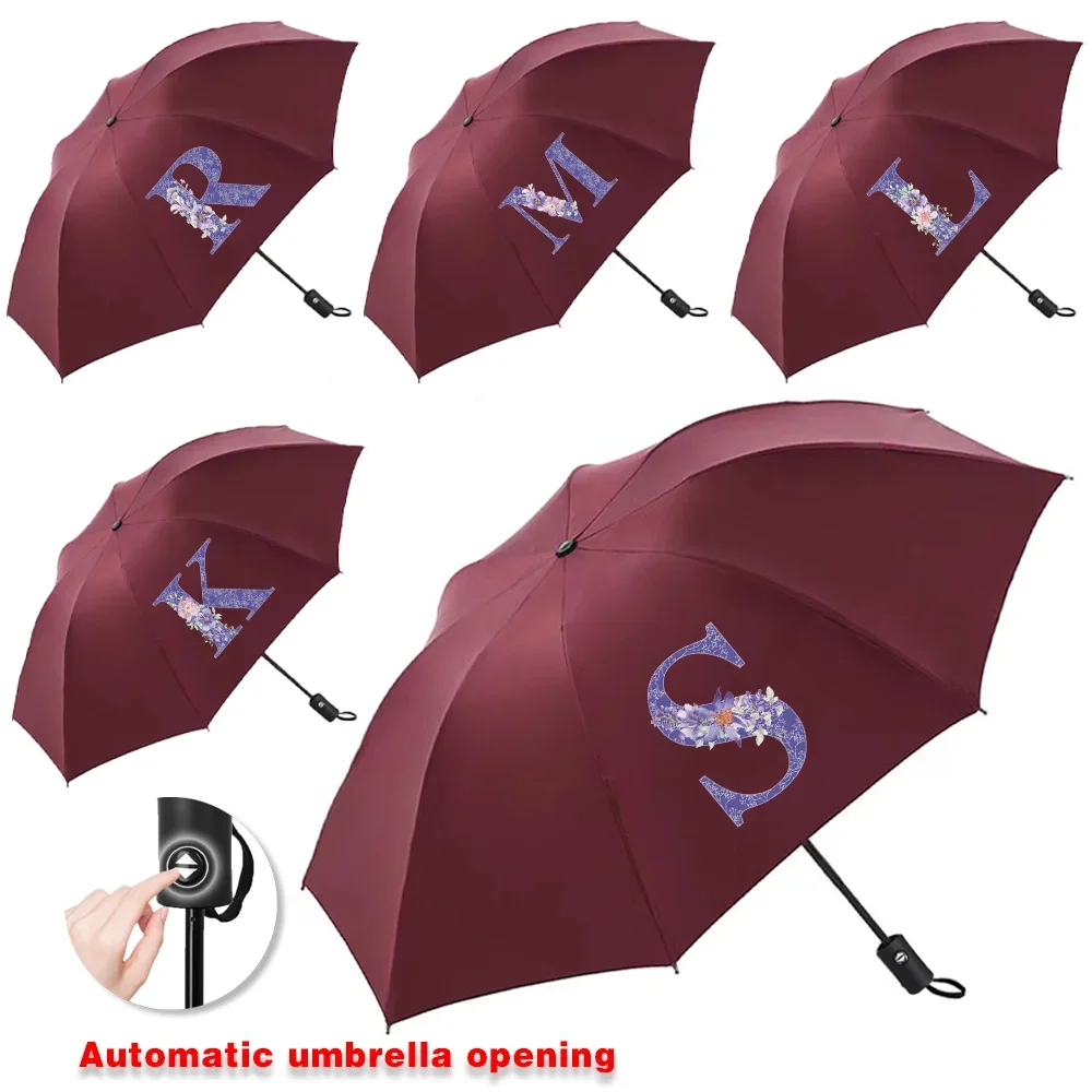 

Automatic Umbrellas for Sunshine Rainy Windproof Strong Umbrella Folding Large Buckle Handle Double Bone Resistant Purple Flower