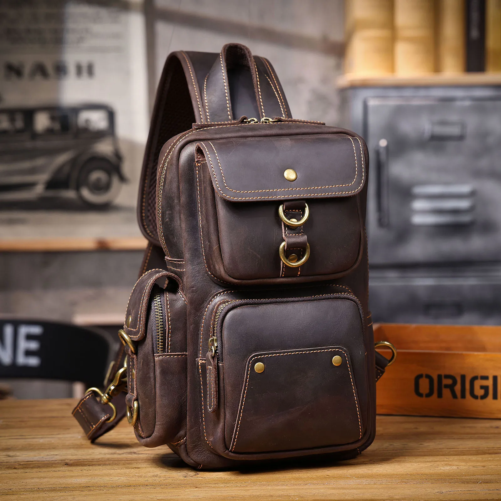 casual sports high-quality crazy horse cowhide men chest bag weekend party luxury genuine leather motorcycle diagonal bag