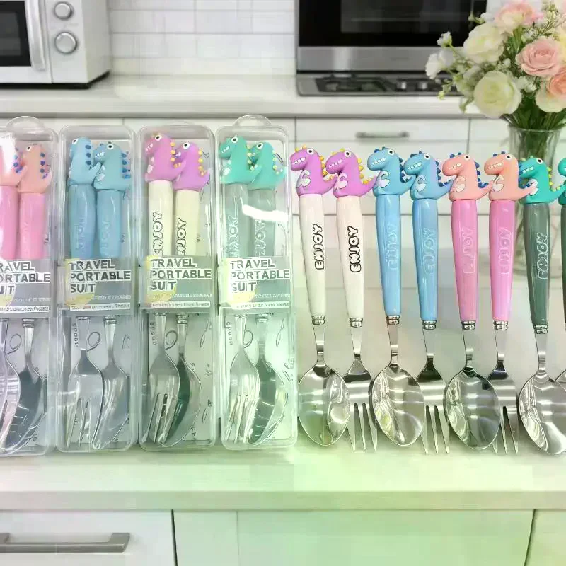 Cute Cartoon Dinosaur Stainless Steel Spoon Fork Child Tableware Set With Box Kitchen Supplies For Dining Camping Accessory 2Pcs