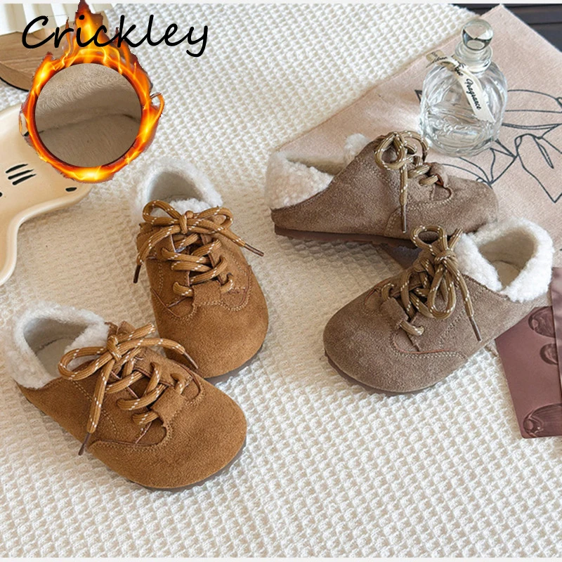 

2025 Winter Solid Children Casual Shoes PU Leather Hook Loop Girls Flats Shoes Short Plush Warm Non Slip Kids Shoes