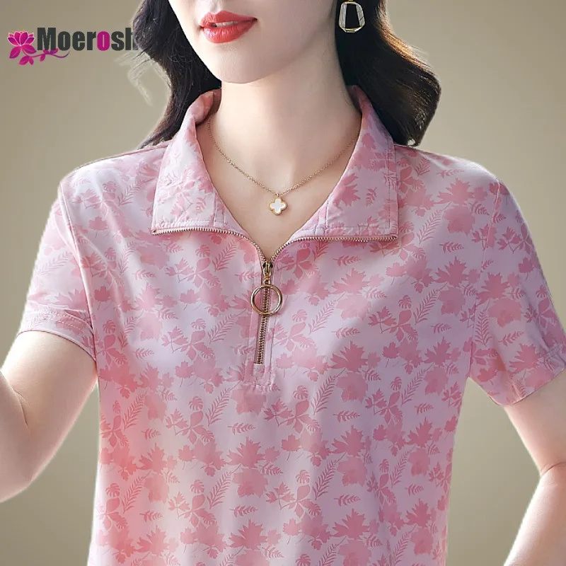 Moeroshe Ice Silk Quick-drying Printed POLO Shirt T-shirts for Women Oversize Long Sleeve Basic Women's Luxury Top Tees Clothing