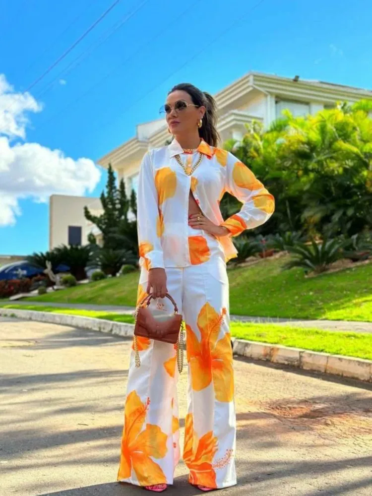 Fashion Long-sleeved Lapel Single-breasted Shirt Top + Wide-leg Pants 2-piece Set Women Autumn Floral Printing Loose Suit Female