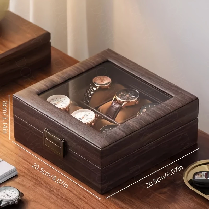 High-end Watch Storage Box with Leather, Wood Grain Finish and Glass Skylight, Capable of Holding 6 Watches for Display